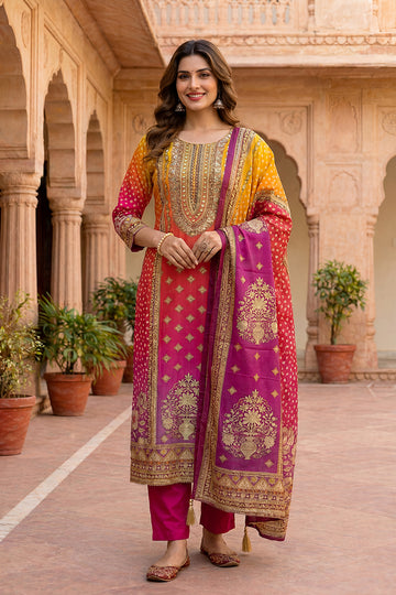 Multi-Color Printed Straight Kurta Set with Dupatta for Women