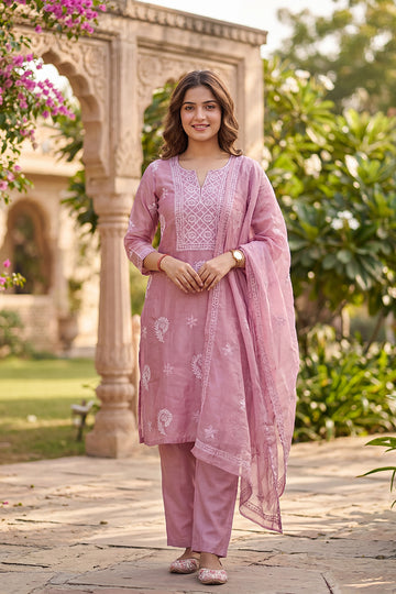 Blush Pink Chikankari Organza Kurti with Dupatta for Women