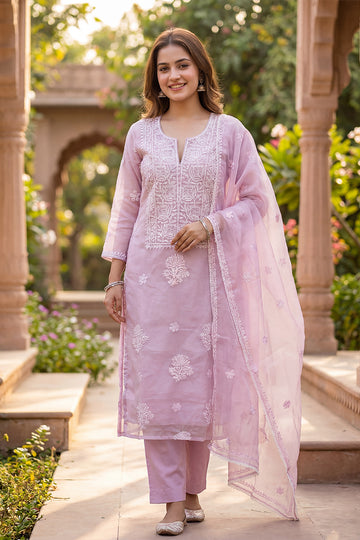 Lavender Organza Chikankari Embroidered Kurta with Dupatta