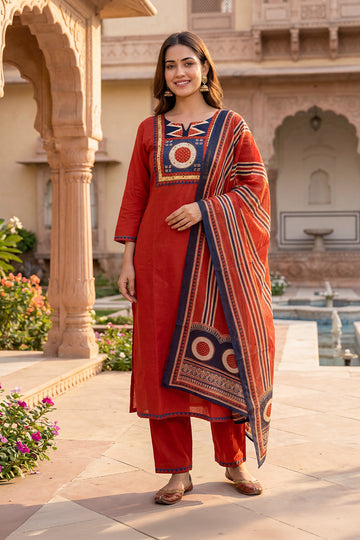 Red Cotton Kurta Pant Set with Printed Dupatta for Women