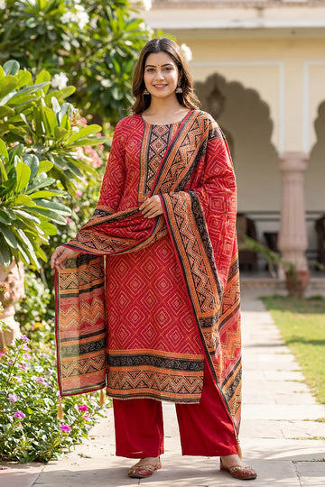 Red Printed Cotton Kurta Pant Set with Ethnic Dupatta for Women