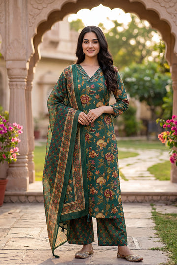 Teal Green Floral Print Kurta Pant Dupatta Set for Women