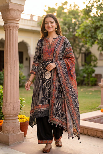 Black Ethnic Printed Kurta Palazzo Set with Dupatta for Women