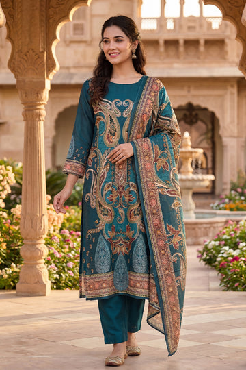 Teal Blue Polyester Straight Kurta Set with Dupatta for Women