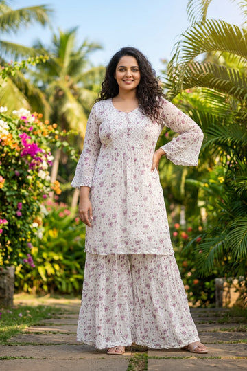 Purple Floral Chiffon Sharara Co-Ord Set for Women
