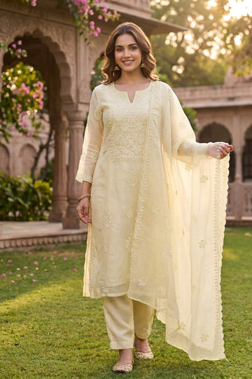 Ivory Embroidered Mul Chanderi Kurta with Dupatta for Women