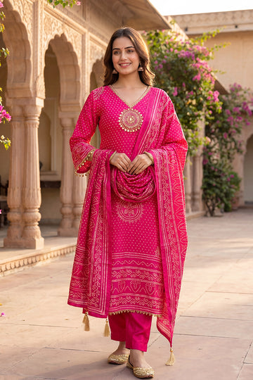 Rani Pink Bandhani Print Kurta Pant Dupatta Set for Women