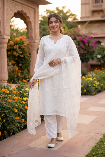 Pearl White Chikankari Organza Kurta with Dupatta for Women