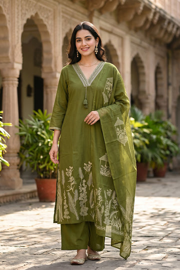 Olive Green Cotton Suit Set with Printed Dupatta for Women