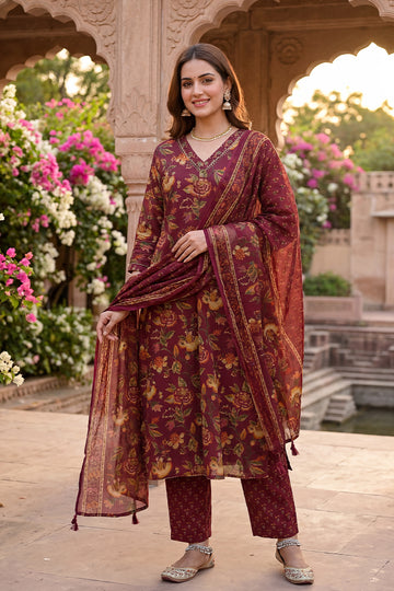 Maroon Floral Print Kurta Pant Dupatta Set for Women