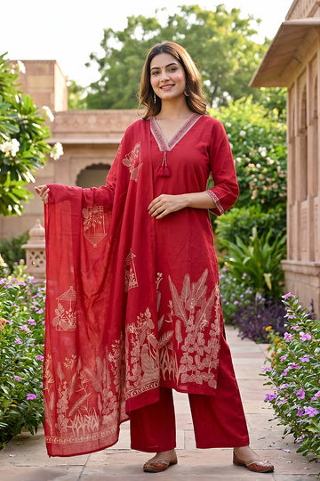 Ruby Red Cotton Suit Set with Printed Dupatta for Women