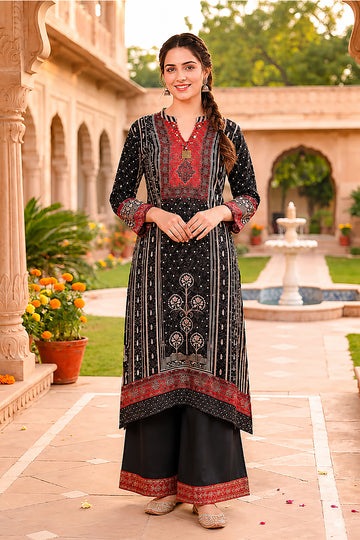Elegant Black Ethnic Printed Kurta Palazzo Set for Women
