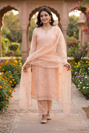Peach Chikankari Organza Kurta with Dupatta Set for Women