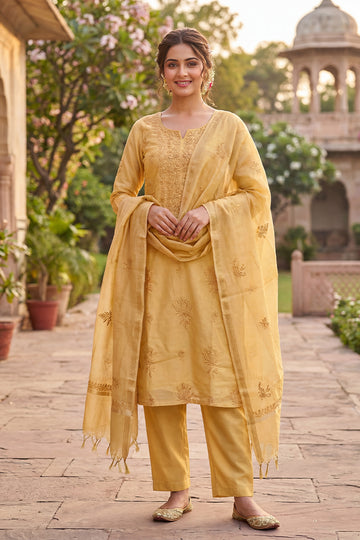 Golden Embroidered Mul Chanderi Kurta  with Dupatta for Women