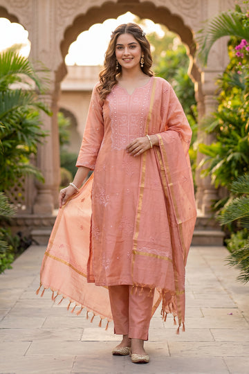 Peach Pearl Work Tissue Kurta with Dupatta for Women