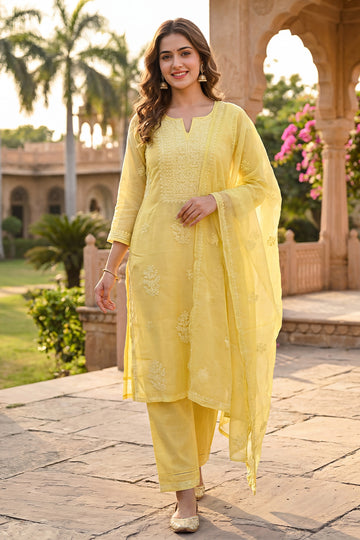 Yellow Chikankari Organza Kurta with Dupatta Set for Women