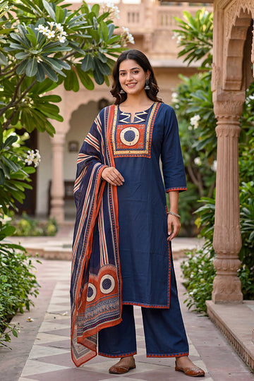 Navy Blue Printed Kurta Pant Dupatta Set for Women