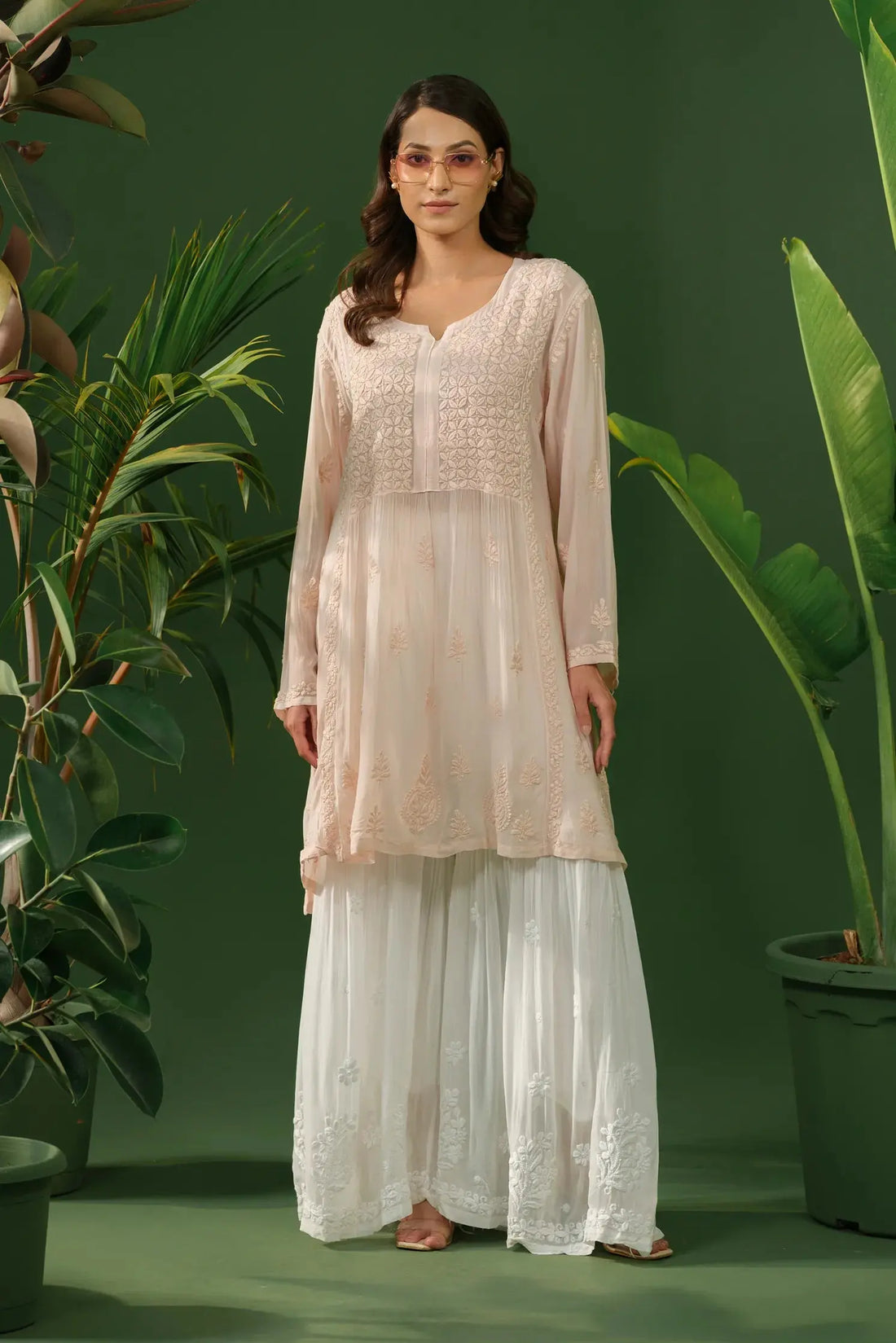 Women georgette chikankari kurti front view with elegant embroidery