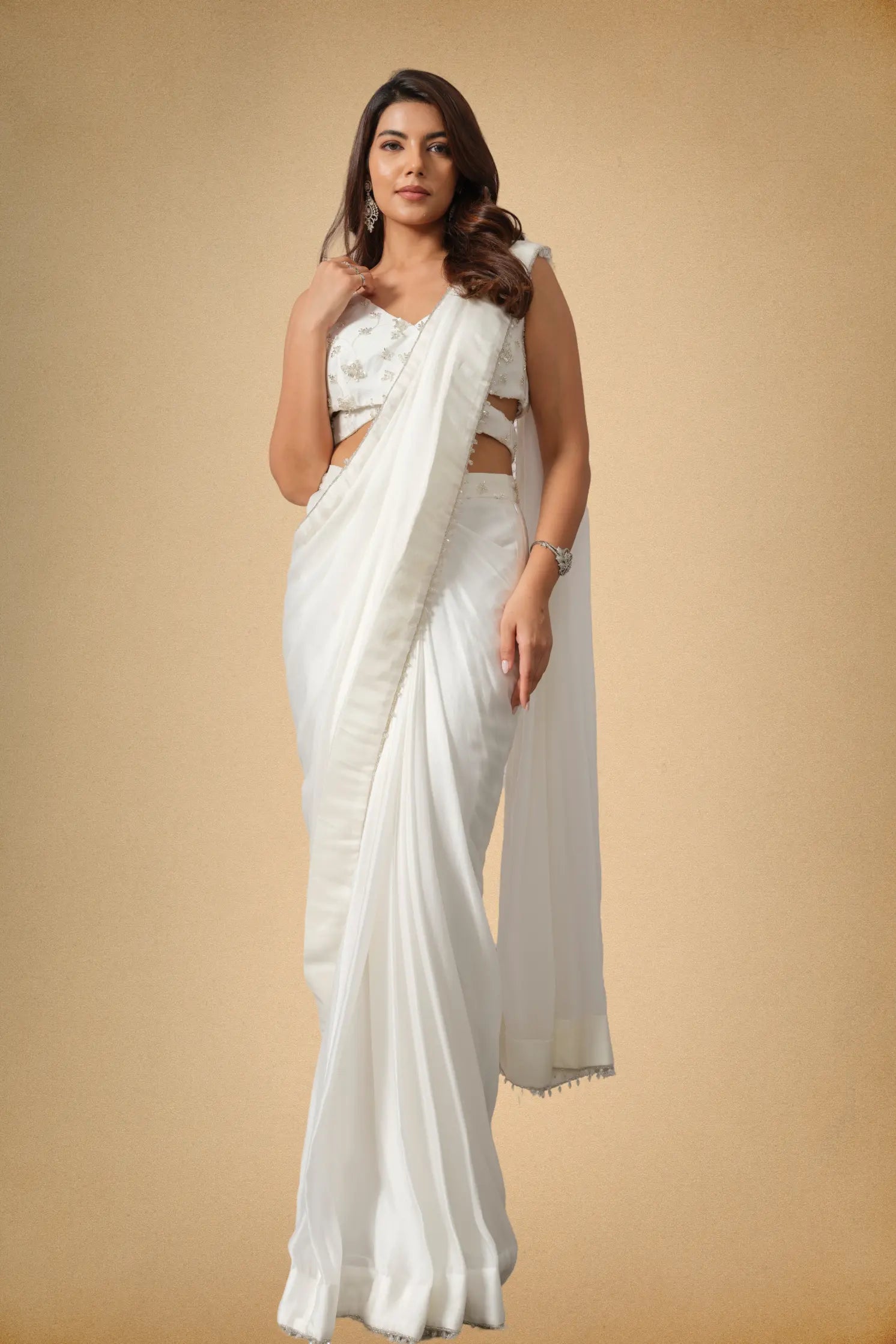 Glamorous white designer saree styling for party wear