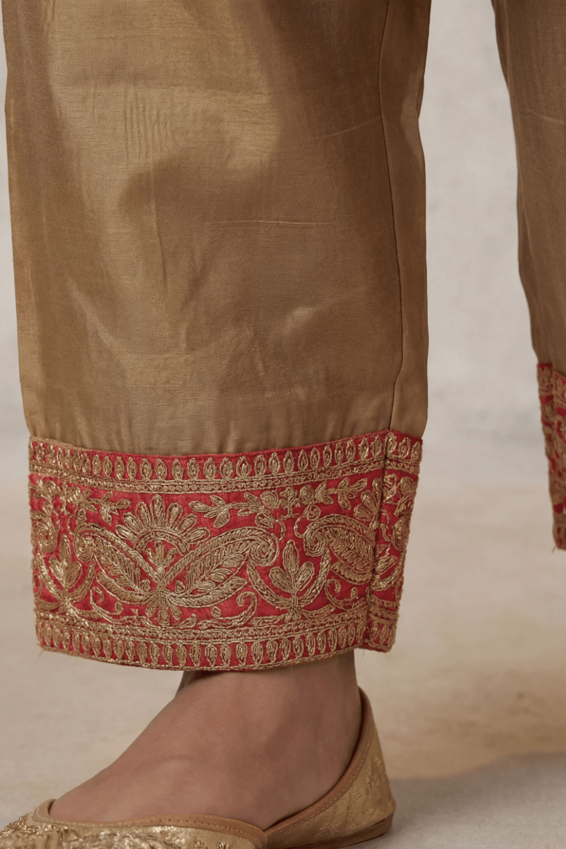 Golden Embroidered Kurta Pant Set for Wedding Wear Women - The House of Indu