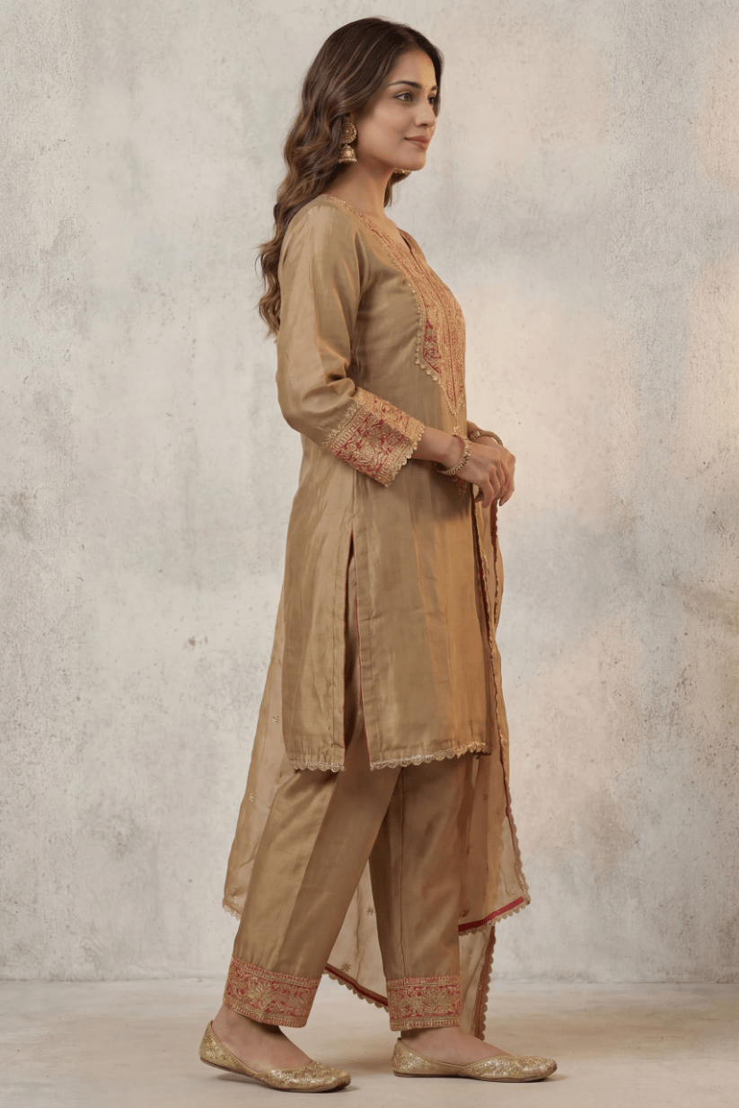 Golden Embroidered Kurta Pant Set for Wedding Wear Women - The House of Indu