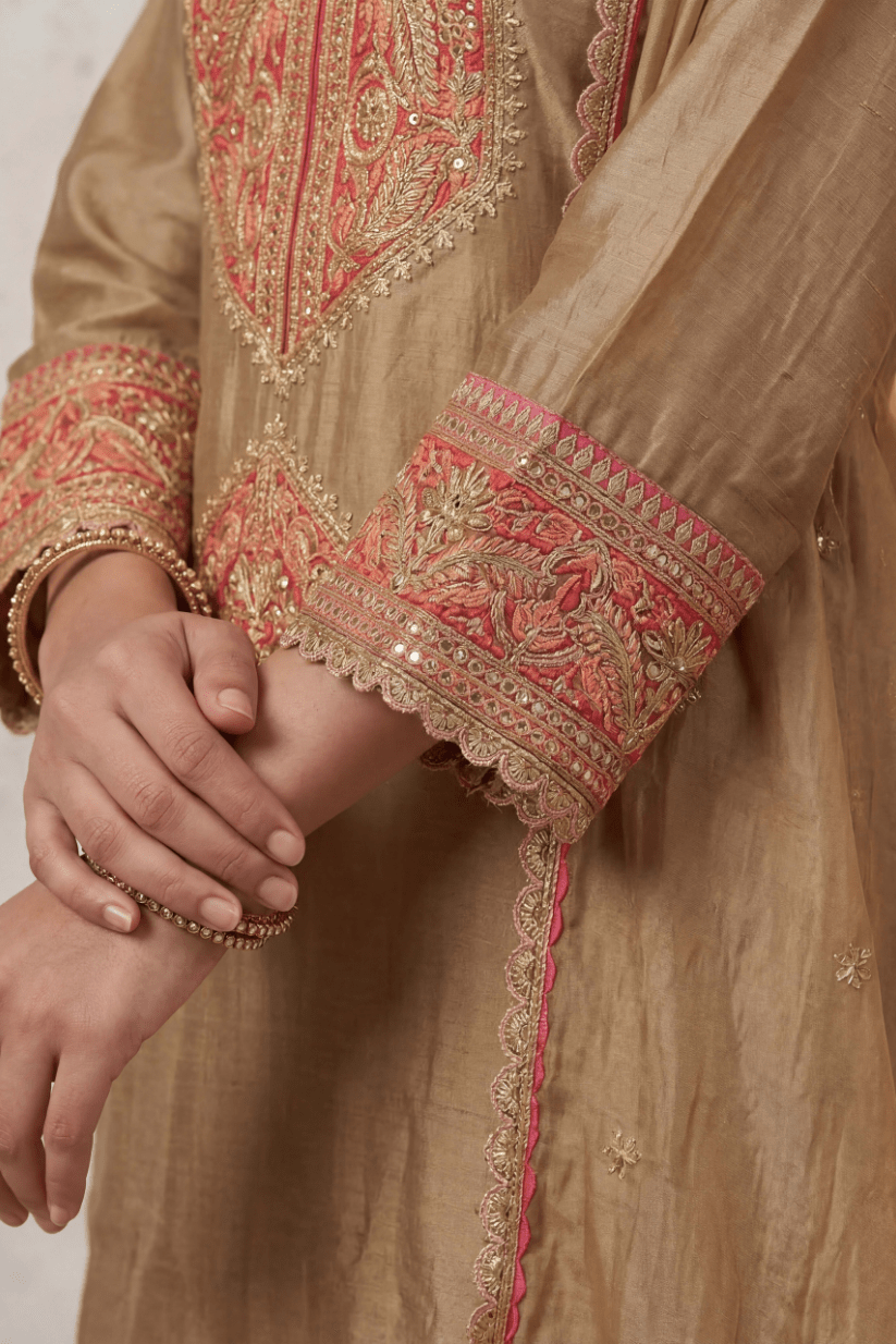 Golden Embroidered Kurta Pant Set for Wedding Wear Women - The House of Indu
