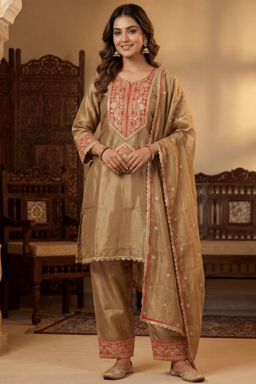 Golden Embroidered Kurta Pant Set for Wedding Wear Women - The House of Indu