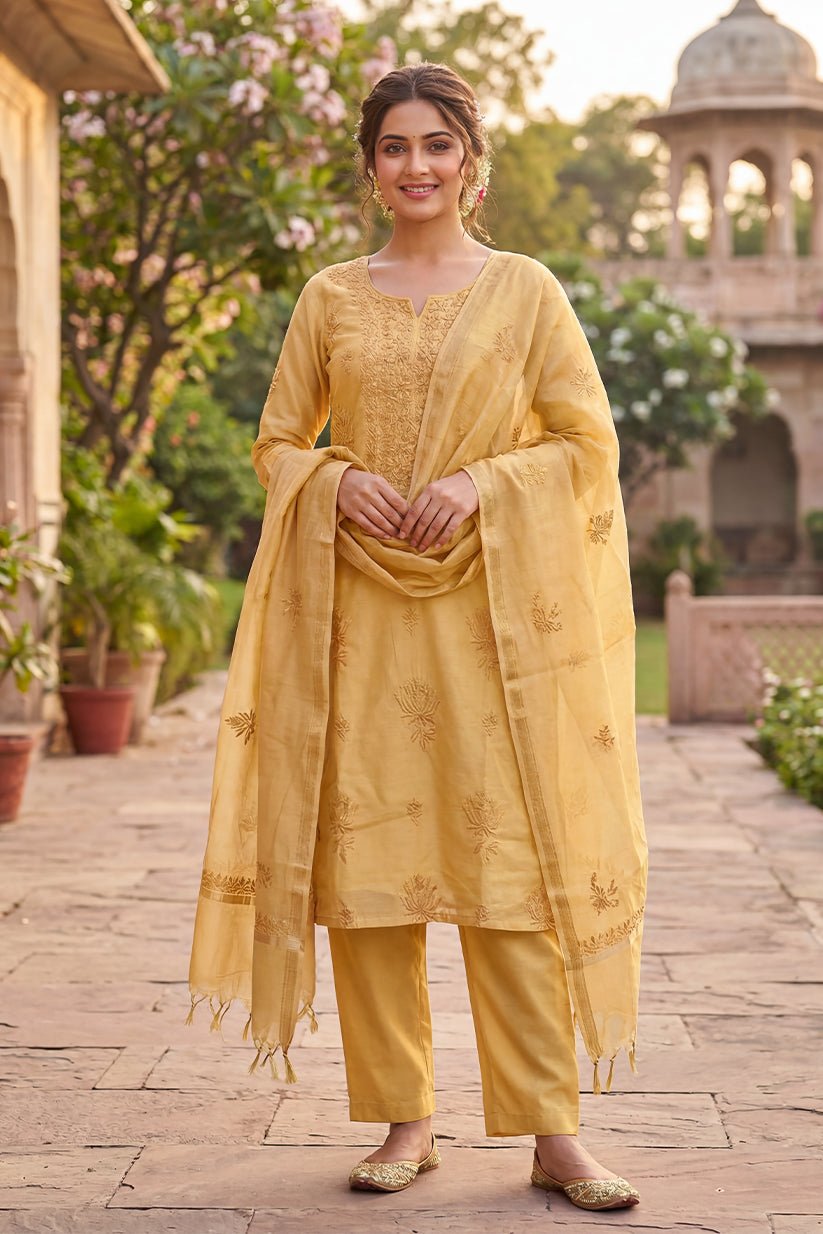 Golden Embroidered Mul Chanderi Kurta with Dupatta for Women - The House of Indu