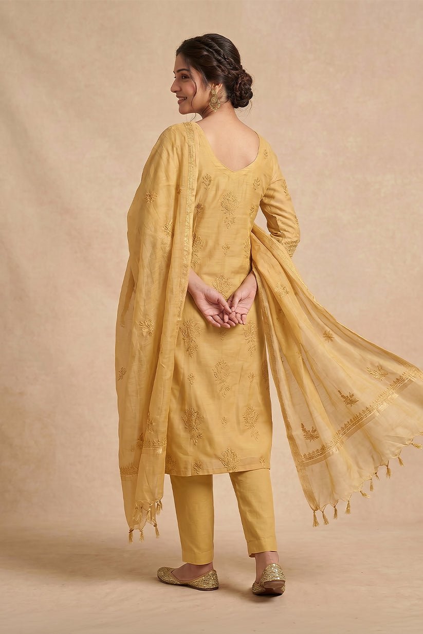 Golden Embroidered Mul Chanderi Kurta with Dupatta for Women - The House of Indu