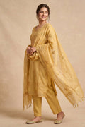 Golden Embroidered Mul Chanderi Kurta with Dupatta for Women - The House of Indu