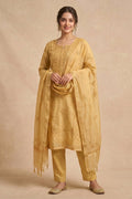 Golden Embroidered Mul Chanderi Kurta with Dupatta for Women - The House of Indu