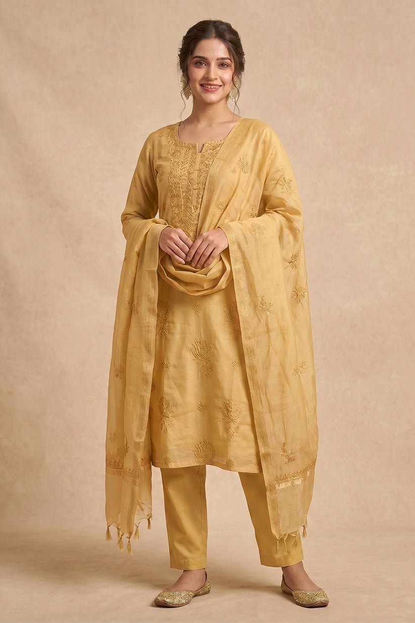 Golden Embroidered Mul Chanderi Kurta with Dupatta for Women - The House of Indu
