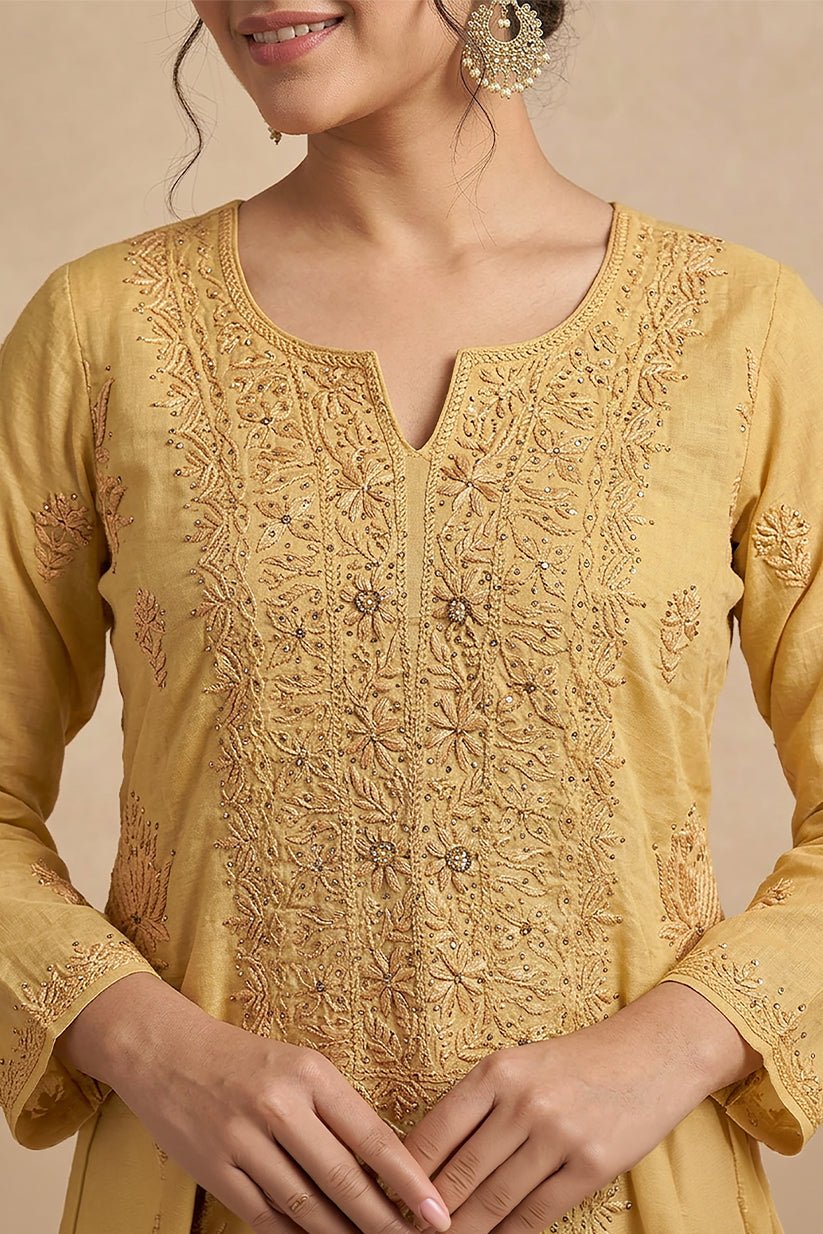 Golden Embroidered Mul Chanderi Kurta with Dupatta for Women - The House of Indu