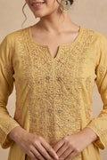 Golden Embroidered Mul Chanderi Kurta with Dupatta for Women - The House of Indu