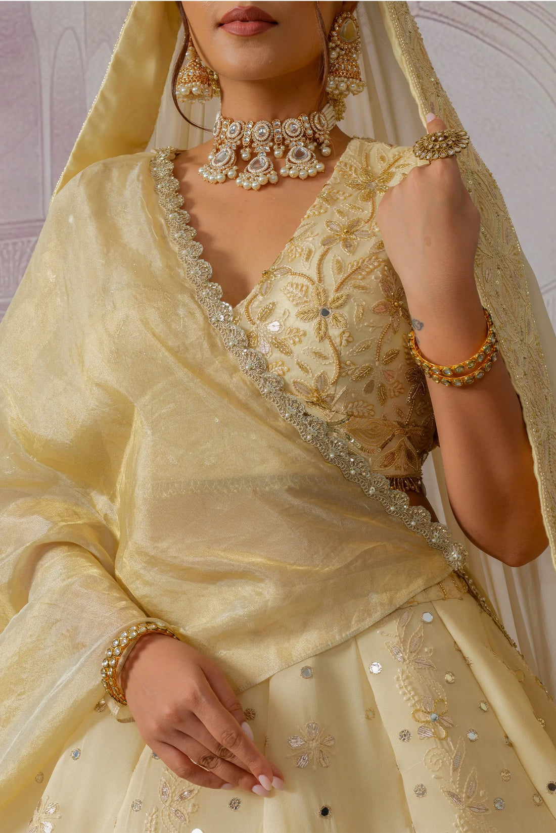 Golden designer lehenga set with dupatta front view