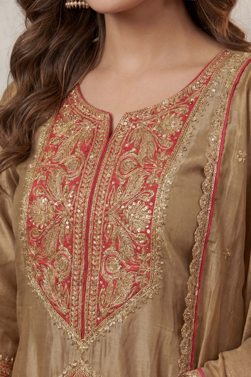 Women golden embroidered kurta pant set with dupatta front view