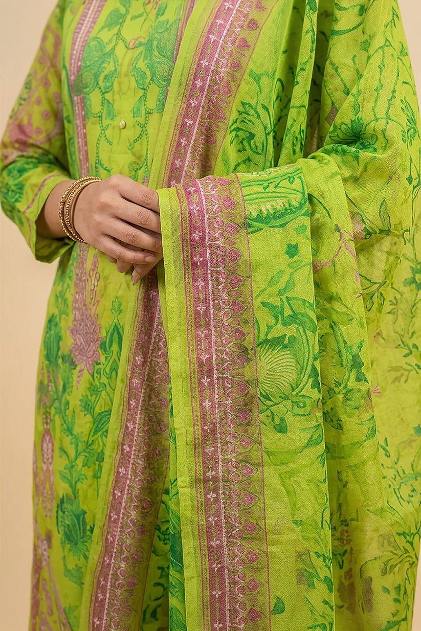 Green Floral Printed Cotton Suit Set for Women - The House of Indu