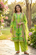 Green Floral Printed Cotton Suit Set for Women - The House of Indu