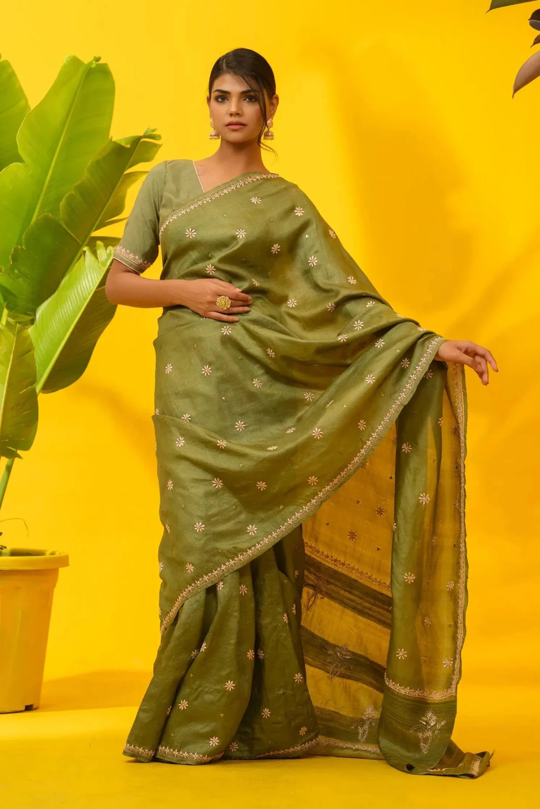 Green Tussar Silk Chikankari Saree - The House of Indu