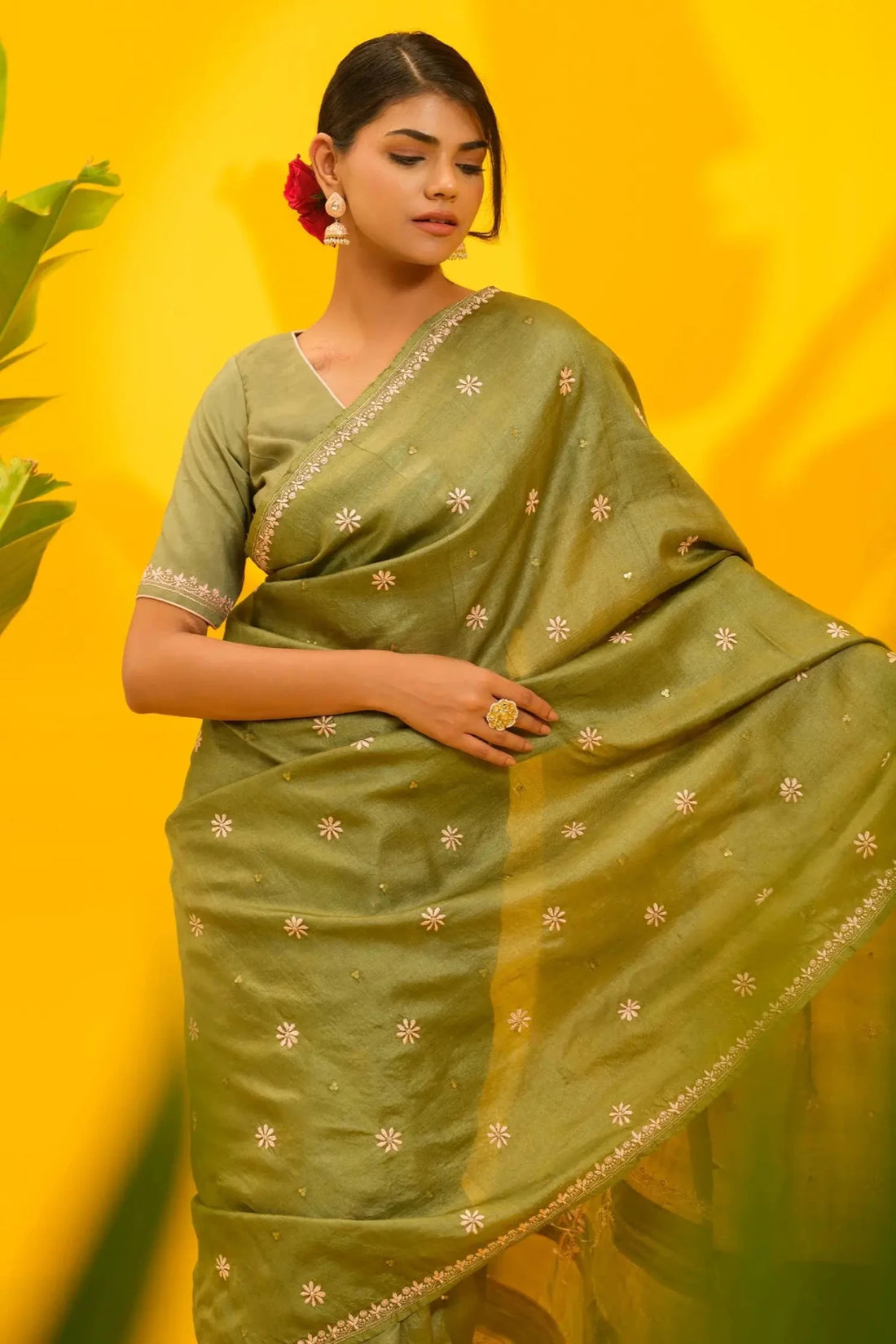 Green Tussar Silk Chikankari Saree - The House of Indu