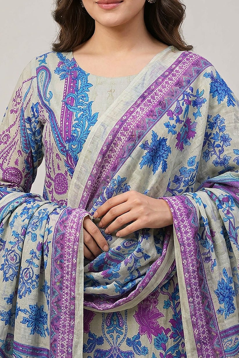 Grey Floral Printed Cotton Suit Set for Women - The House of Indu