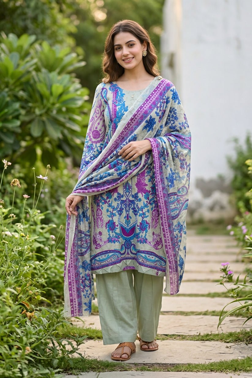 Grey Floral Printed Cotton Suit Set for Women - The House of Indu
