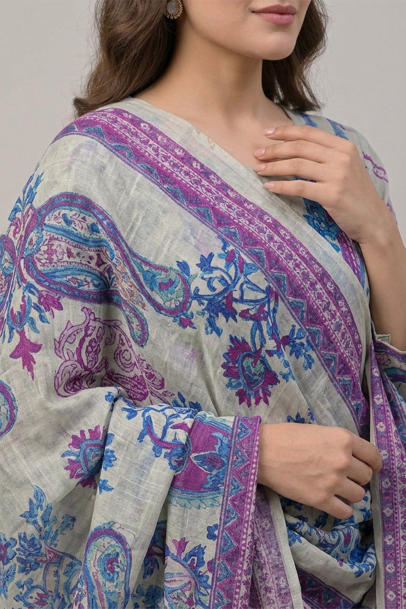 Grey Floral Printed Cotton Suit Set for Women - The House of Indu