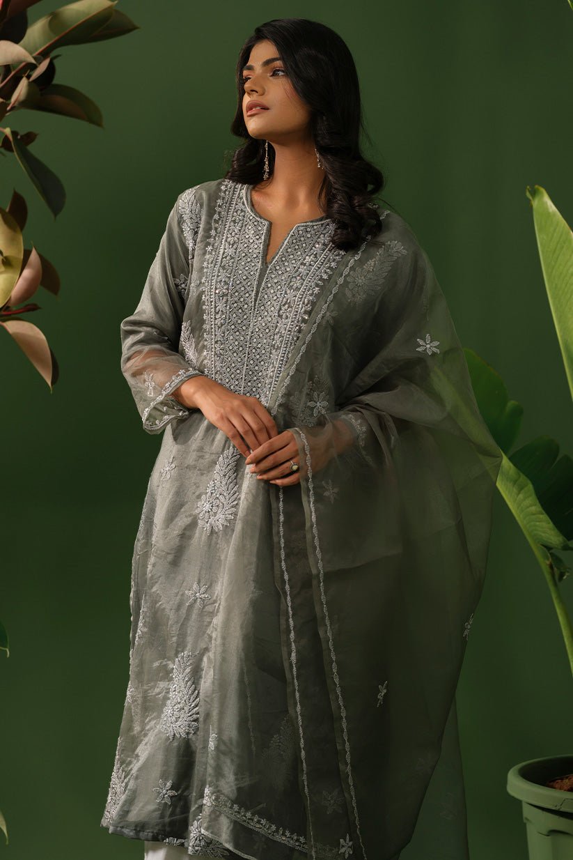 Grey Organza Chikankari Kurti with Bead Work & Organza Dupatta - The House of Indu