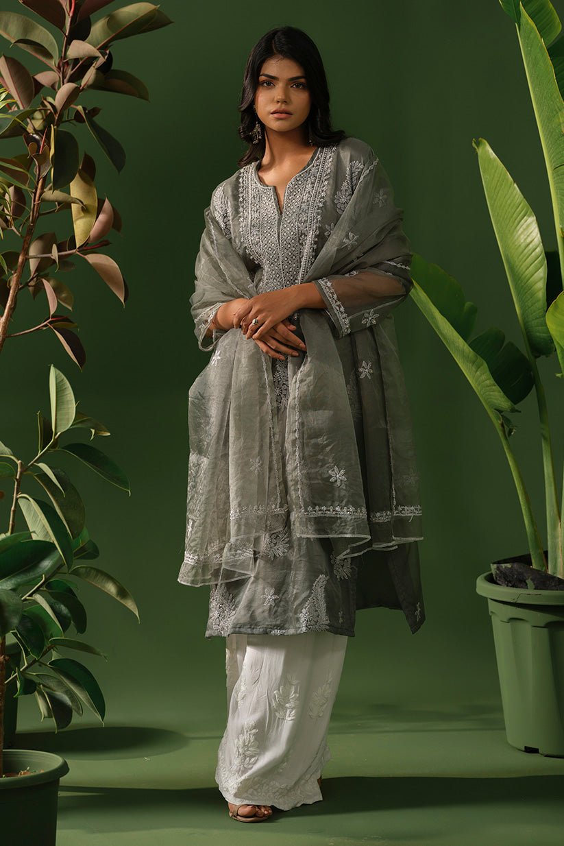 Grey Organza Chikankari Kurti with Bead Work & Organza Dupatta - The House of Indu