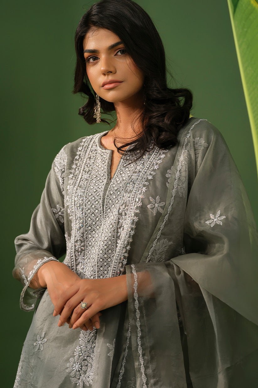 Grey Organza Chikankari Kurti with Bead Work & Organza Dupatta - The House of Indu