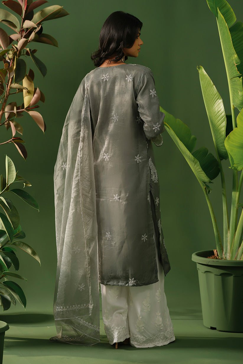 Grey Organza Chikankari Kurti with Bead Work & Organza Dupatta - The House of Indu