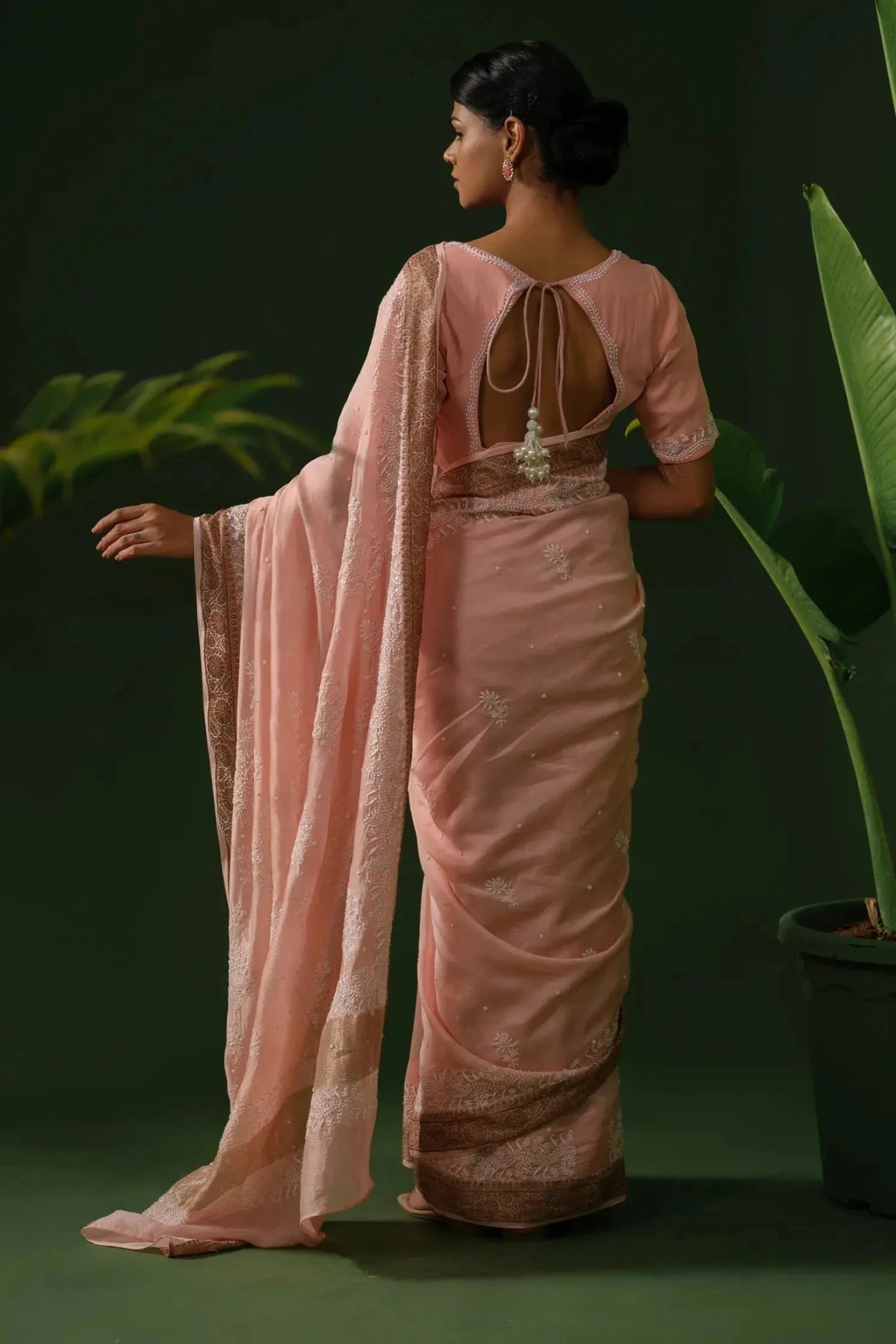 Hand Embroidered Peach Chanderi Chikankari Saree with Blouse Piece - The House of Indu