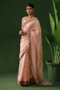 Hand Embroidered Peach Chanderi Chikankari Saree with Blouse Piece - The House of Indu