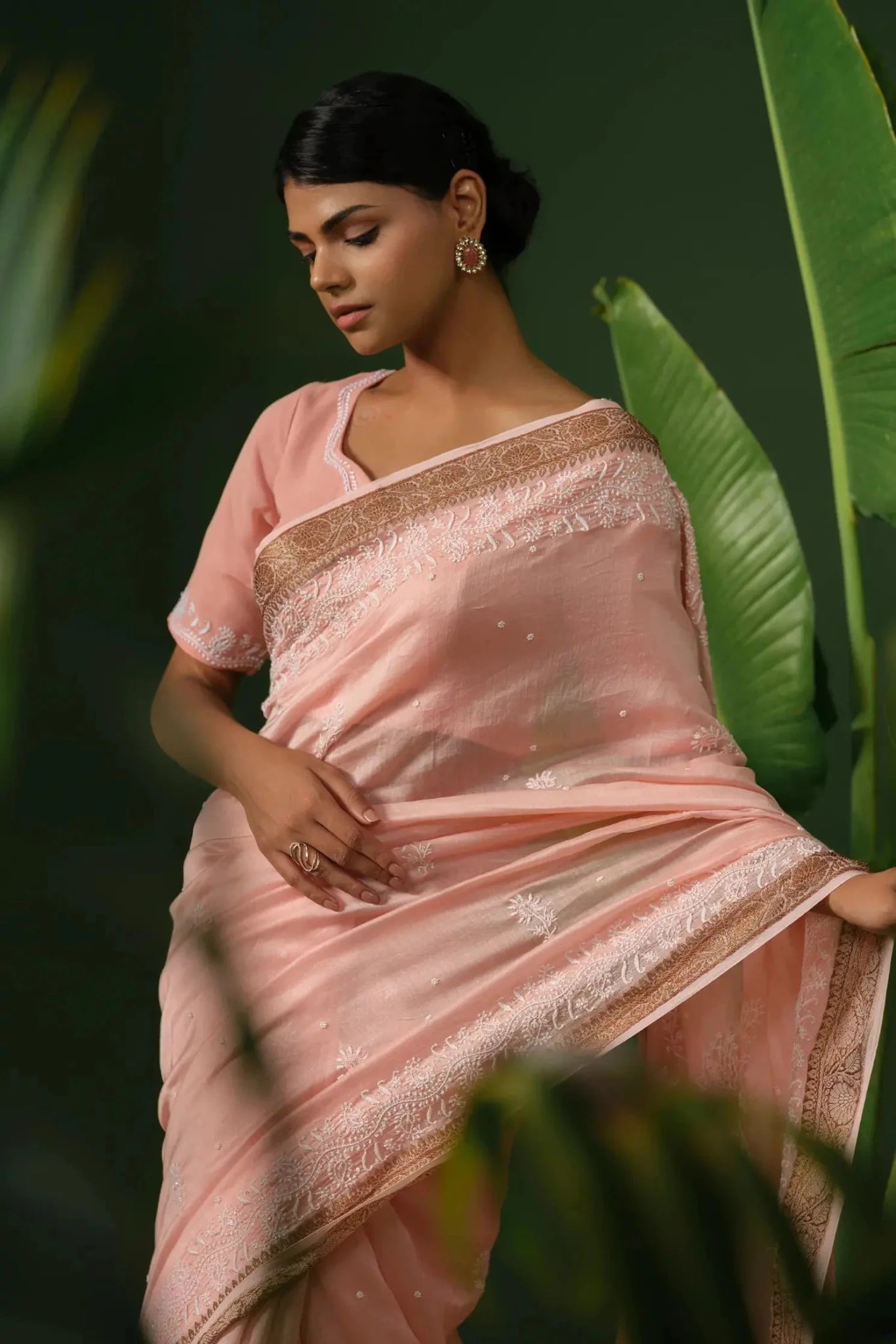 Hand Embroidered Peach Chanderi Chikankari Saree with Blouse Piece - The House of Indu